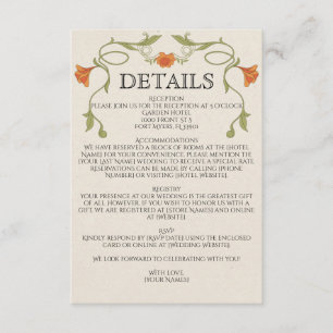 Art Nouveau Oranje Bloemen Groen Huwelijksdetails Informatiekaartje