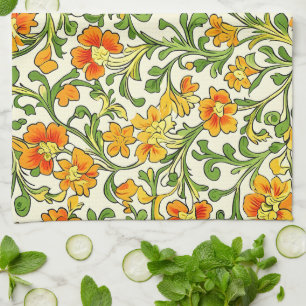 Art Nouveau oranje en geel bloempatroon Theedoek