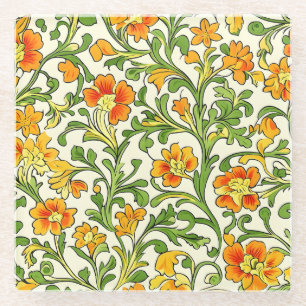 Art Nouveau oranje en gele bloempatroon Glazen Onderzetter