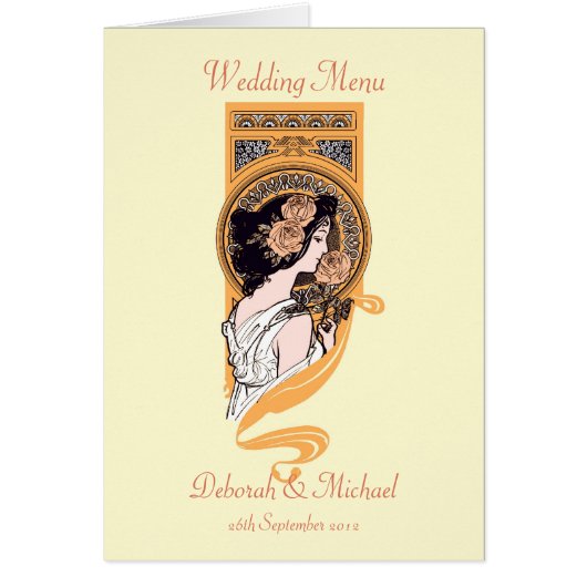 Art nouveau oranje yellow bruiloft menukaart (Voorkant)
