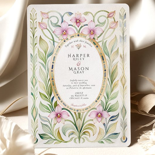 Art Nouveau Orchidee & Bladgoud Bruiloft Kaart