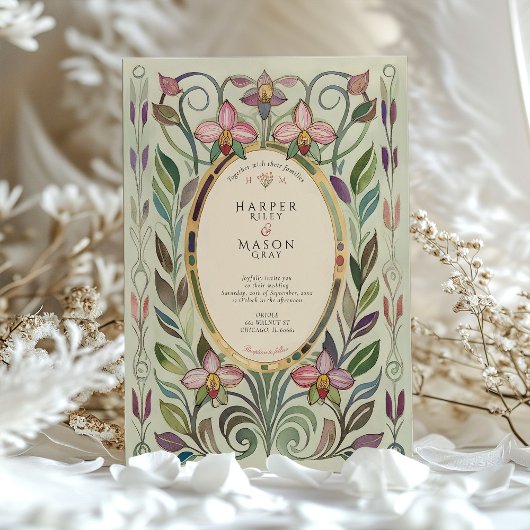 Art Nouveau Orchidee & Foliage Gouden bruiloft Kaart