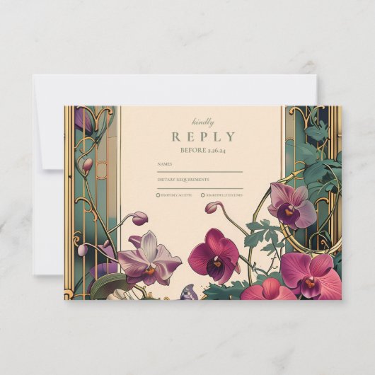 Art Nouveau Orchidee Lijst bruiloft RSVP Kaartje (Voorkant)