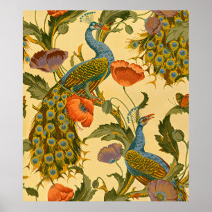 Art Nouveau Oud Peacock Klaproos Bloempatroon Poster