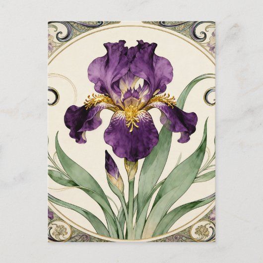 Art Nouveau Paarse Iris Briefkaart (Voorkant)