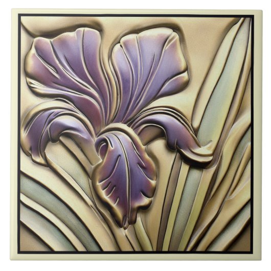 Art Nouveau paarse iris faux bas-reliëf vintage st Tegeltje (Voorkant)
