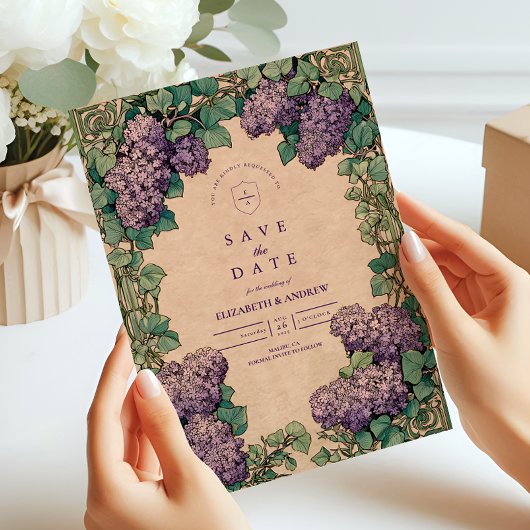 Art Nouveau Paarse Trouwdag Save The Date