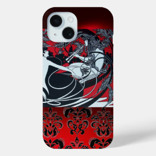 ART NOUVEAU PAN, RODE ZWARTE WIT DAMASK iPhone 15 CASE