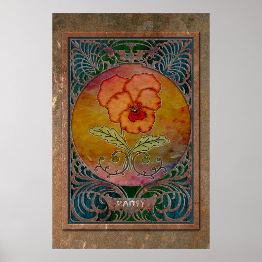 Art Nouveau Pansy in een Coppery Mucha-Lijst Poster (Voorkant)