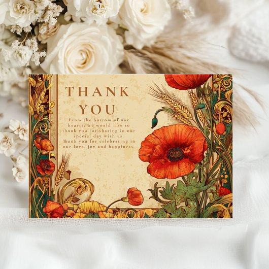Art Nouveau Papaver Bruiloft Bedankkaart
