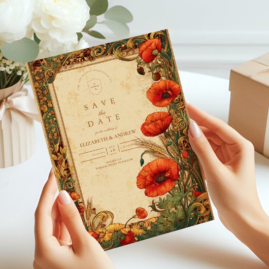 Art Nouveau Papaver Bruiloft Save The Date