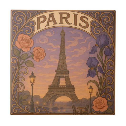 Art Nouveau Paris Eifel Tower Floral Tegeltje (Voorkant)
