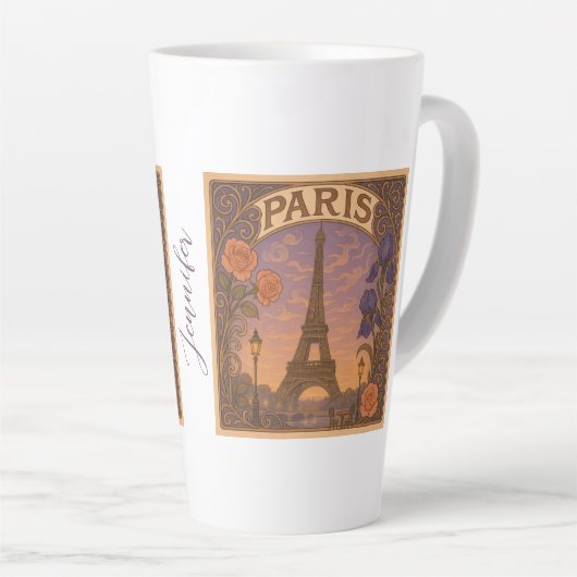 Art Nouveau Paris Eiffel Tower Floral Custom Name Latte Mok (Rechterhoek)