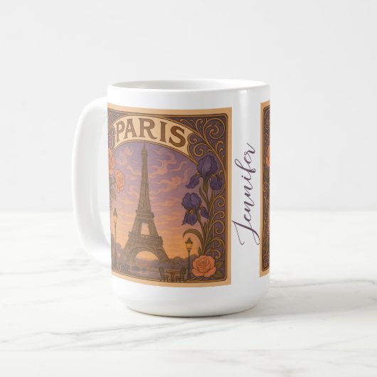Art Nouveau Paris Eiffeltoren Floral Custom Name Koffiemok (Voorkant links)