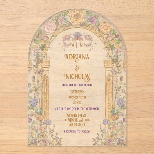 Art Nouveau Pastel Bloemen Huwelijk Acryl Uitnodigingen (Voorkant)