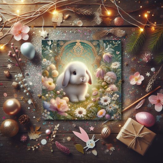 Art Nouveau pastel bloementuin Baby konijntje Pase Feestdagenkaart