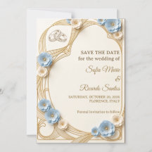 Art Nouveau Pastelblauw Gouden Trouw Save The Date