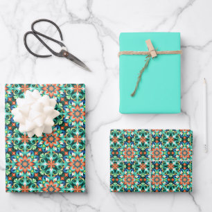 Art Nouveau-patroon in diep donker teal, pauw... Inpakpapier Vel