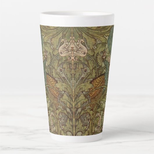 Art nouveau pauw bloem jacquard blauw groen latte mok (Voorkant)