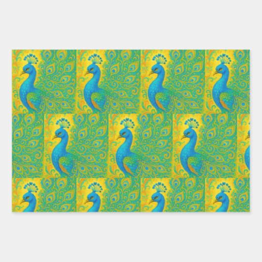 Art Nouveau Pauw Geel Damast Patroon Inpakpapier Vel (Voorkant 2)