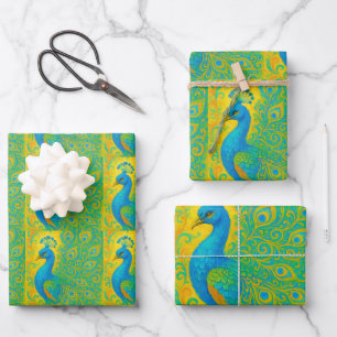 Art Nouveau Pauw Geel Damast Patroon Inpakpapier Vel