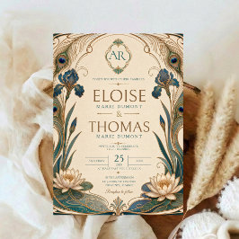 Art Nouveau Pauw Huwelijk Turquoise Goud Botanisch Kaart