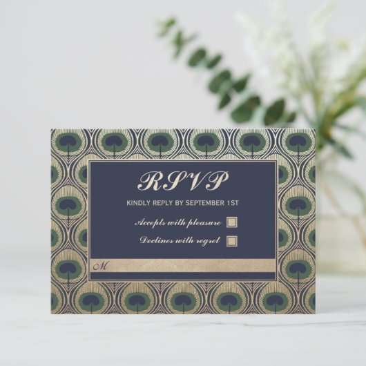 Art Nouveau Pauw Huwelijks RSVP Kaarten Goud Folie (Staand voorkant)