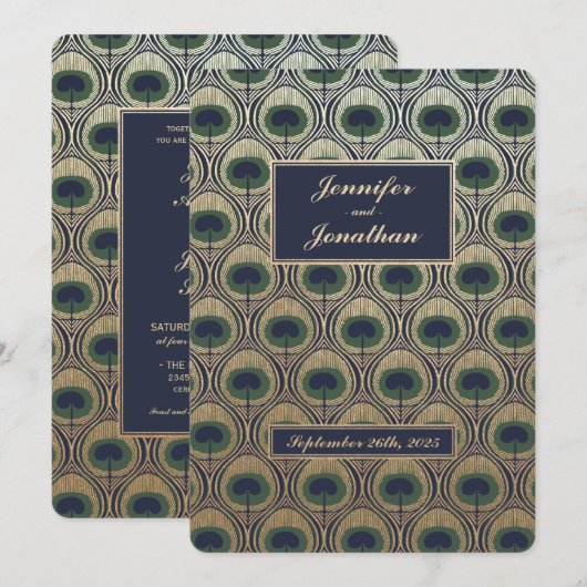 Art Nouveau Pauw Huwelijksuitnodigingen Gouden Fol Kaart (Voorkant / Achterkant)