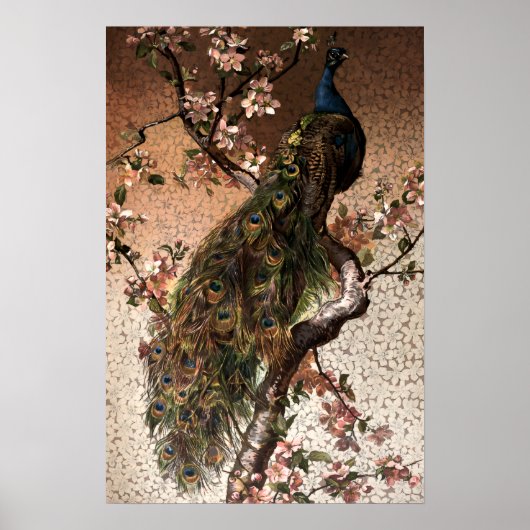 Art Nouveau-pauw op bloeiende boom in vintage-stij Poster (Voorkant)