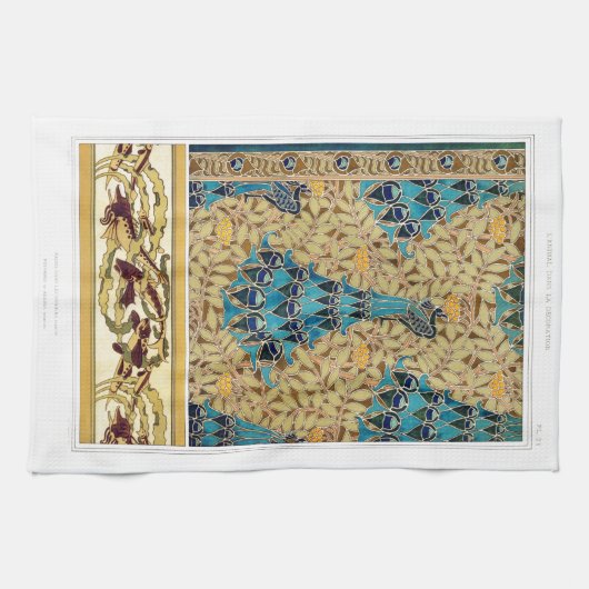 Art nouveau pauw textiel deco verneuil blauw theedoek (Horizontaal)