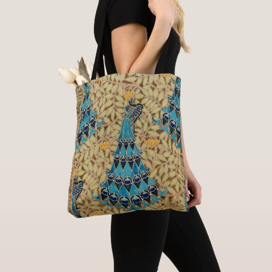 Art nouveau pauw textiel deco verneuil blauw tote bag (Dichtbij)