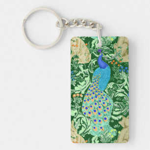 Art Nouveau Pauwprint, Kobaltblauw & Groen Sleutelhanger