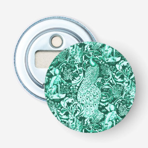 Art Nouveau Pauwprint, Turquoise en Aqua Button Flesopener