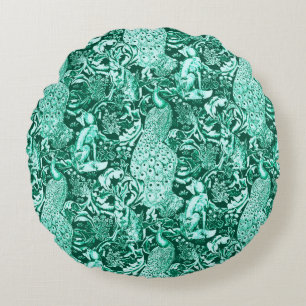 Art Nouveau Pauwprint, Turquoise en Aqua Rond Kussen