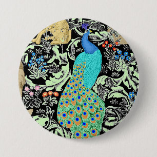 Art Nouveau Pauwprint, Turquoise & Neutralen Ronde Button 7,6 Cm
