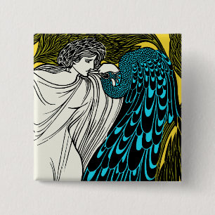 Art Nouveau Peacock Artwork - The Kiss Vierkante Button 5,1 Cm