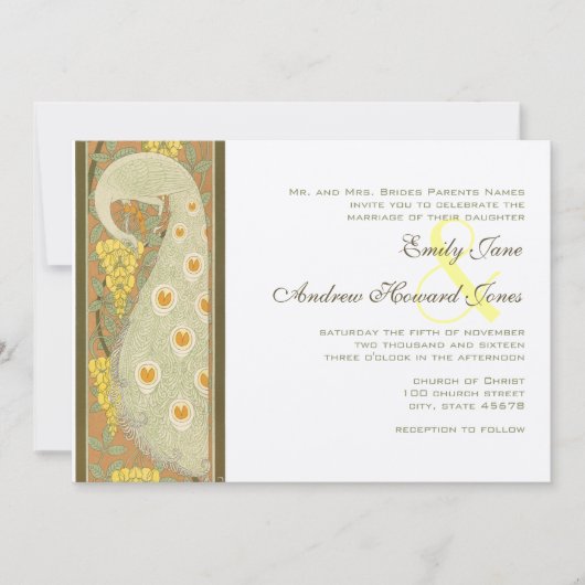 Art Nouveau Peacock Birds Wedding Invitation 2 Kaart (Voorkant)