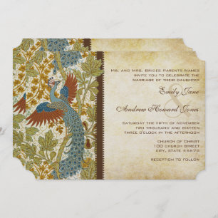 Art Nouveau Peacock Birds Wedding Invitation 3 Kaart