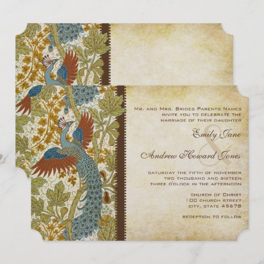 Art Nouveau Peacock Birds Wedding Invitation 3 Kaart (Voorkant / Achterkant)