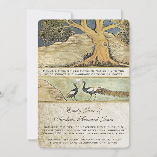 Art Nouveau Peacock Birds Wedding Invitation 3 Kaart (Voorkant)