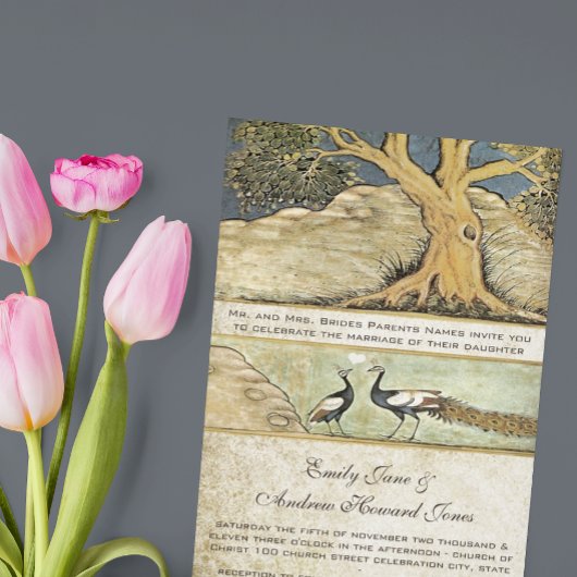 Art Nouveau Peacock Birds Wedding Invitation 3 Kaart