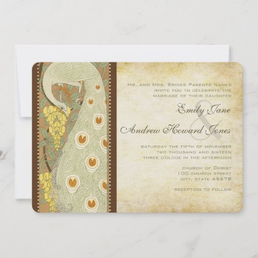 Art Nouveau Peacock Birds Wedding Invitation 3 Kaart (Voorkant)
