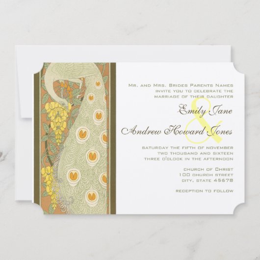 Art Nouveau Peacock Birds Wedding Invitation Kaart (Voorkant)
