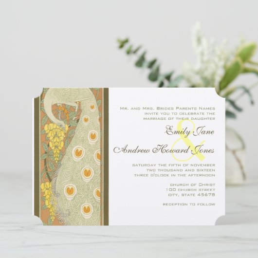 Art Nouveau Peacock Birds Wedding Invitation Kaart (Staand voorkant)
