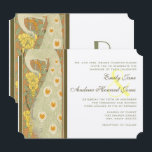 Art Nouveau Peacock Birds Wedding Invitation Kaart<br><div class="desc">Elegant Art Nouveau Peacock met Coral Heart Feathers en Yellow Flowers Peacock Feather Birdcage Weddings -matching Programma's,  menu's,  Insert Cards en nog veel meer</div>