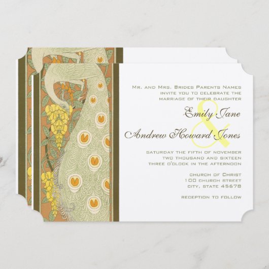 Art Nouveau Peacock Birds Wedding Invitation Kaart (Voorkant / Achterkant)