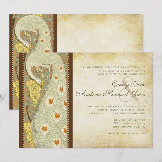 Art Nouveau Peacock Birds Wedding Invitation Kaart (Voorkant / Achterkant)