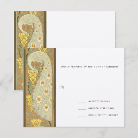 Art Nouveau Peacock Birds Wedding Response Card RSVP Kaartje (Voorkant / Achterkant)