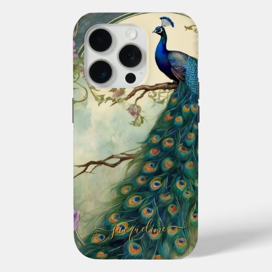 Art Nouveau Peacock Elegant Feathers Naam Case-Mate iPhone Case (Achterkant)
