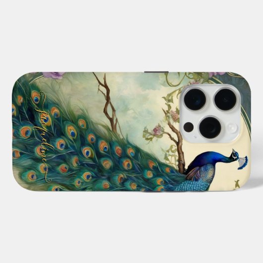 Art Nouveau Peacock  Elegant Feathers Naam Case-Mate iPhone Case (Achterkant (horizontaal))
